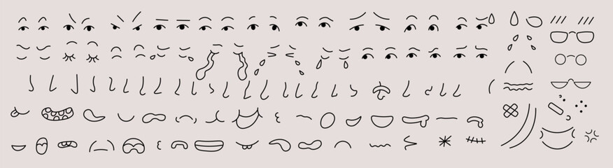 linear doodle parts of faces set in vector. Elements for avatar sticker poster print mascot design character postcard