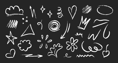 Doodle chalk shapes, arrows, hearts, stars, crowns, spirals, abstract symbols, and playful shapes by marker or pencil. Abstract crayon hand drawn isolated design elements on blackboard. Perfect for