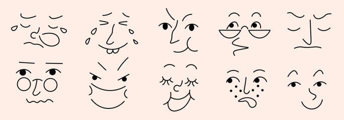 linear doodle faces set in vector. Elements for avatar sticker poster print mascot design character postcard
