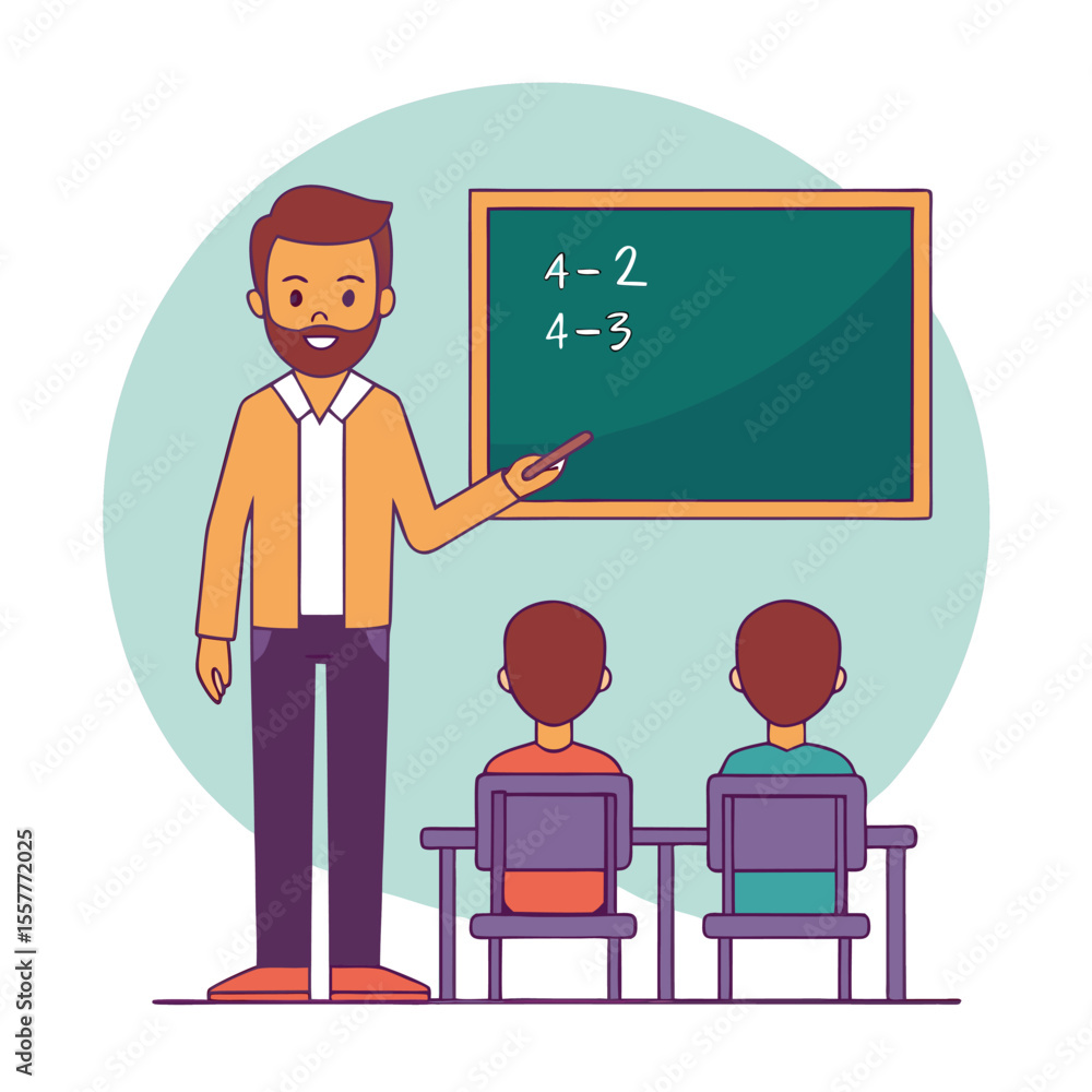 Poster cartoon teacher explaining math problems to students in a classroom setting with a blackboard and tw