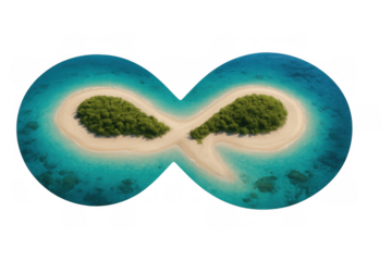 Infinity symbol made of two tropical islands with white sand beaches, surrounded by turquoise water on a transparent background