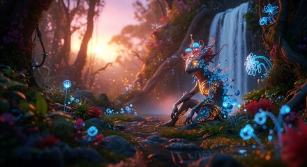 Obraz premium Luminescent Nymph: Bio-luminescent Flora & Fauna at Sunset Waterfall