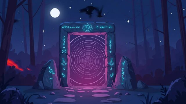 A glowing portal of spirals stands in a forest under a bright moon surrounded by engraved stones