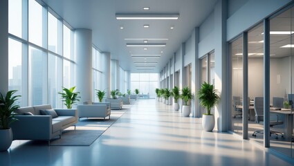 Bright modern office hallway with plants and glass walls light