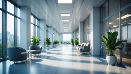 Obraz premium Bright Modern Office Hallway with Plants and Seating interior