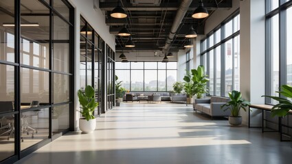 Modern office hallway with large windows and plants interior corridor