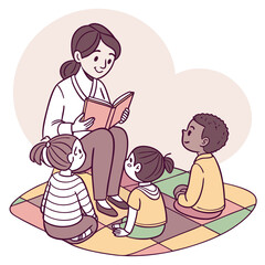Illustrative Scene of a Teacher Reading Aloud to a Group of Diverse Children Sitting on a Quilted Mat in a Classroom Setting