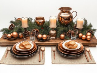 Festive Copper-toned holiday table setting with toasted bread