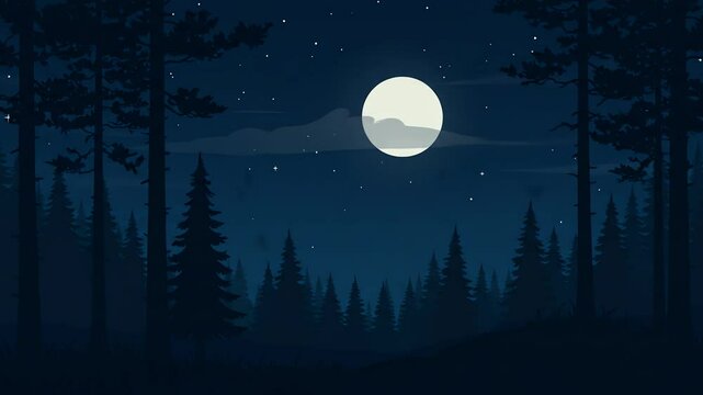 A night scene with a full moon shining above a dark forest filled with pine trees