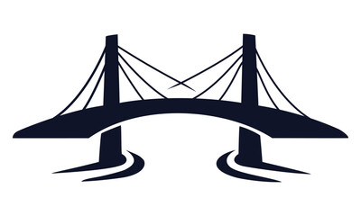 a dark blue stylized icon of a cable-stayed bridge spanning two sections of water, symbolizing connection and infrastructure