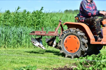 Senior farmer on compact orange tractor driving to cultivate crops in lush green field. Summer...