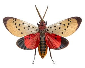 A detailed view of a spotted lanternfly, showcasing its vibrant red and yellow wings with black spots. The insect is positioned on a transparent background.