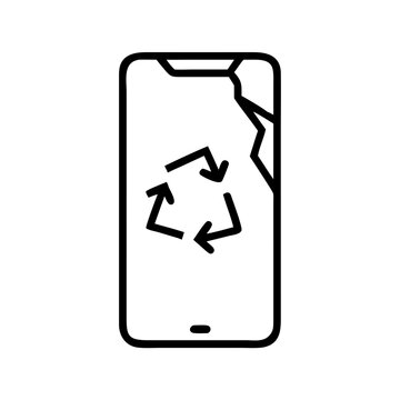 Smartphone with cracked screen and recycling symbol, minimalist style, transparent background, copy space