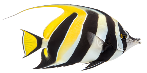 A vibrant butterfly fish with black and white stripes and bright yellow accents. The fish is depicted against a transparent background, showcasing its unique features.