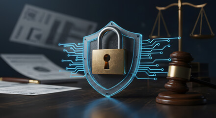 Law regulation cyber data privacy compliance legal technology security policy information justice court judge gavel scale business document contract audit