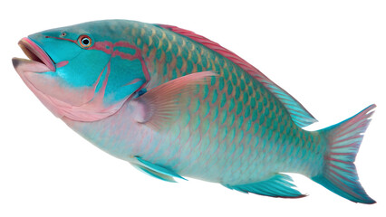 A vibrant parrotfish with a blue and green body, pink accents, and a distinctive shape. The fish is displayed against a transparent background.