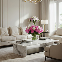 Elegant Cream Sofa and Armchairs with Peonies on Marble Coffee Table