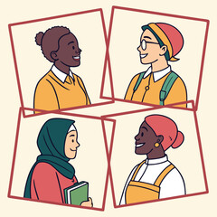 Diverse Women Portraits in Frames Illustration of Female Empowerment Education and Community with Various Cultural Backgrounds and Professions Promoting Inclusivity and Representation