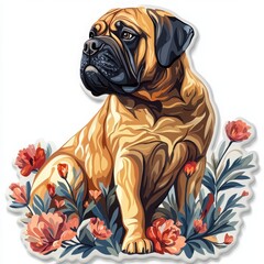 Obraz premium Whimsical Bulldog Portrait with Vibrant Floral Design and Playful Backdrop