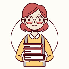 Cartoon Girl with Glasses Holding Books Ready for School Education and Learning Concept Cute and Colorful Illustration with Outline Style