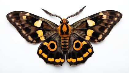Close-up of death head moth on white background. Hawk moth Acherontia atropos with detailed textures. Entomology, nature study, insect macro shot. Butterfly wing pattern.