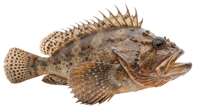A detailed image of a sculpin fish with a textured body and prominent spines. The fish is displayed against a transparent background, showcasing its unique features.