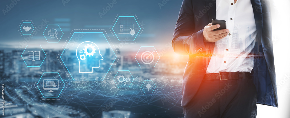 Poster head with gear and icons representing learning, digital training, and development process, showing s
