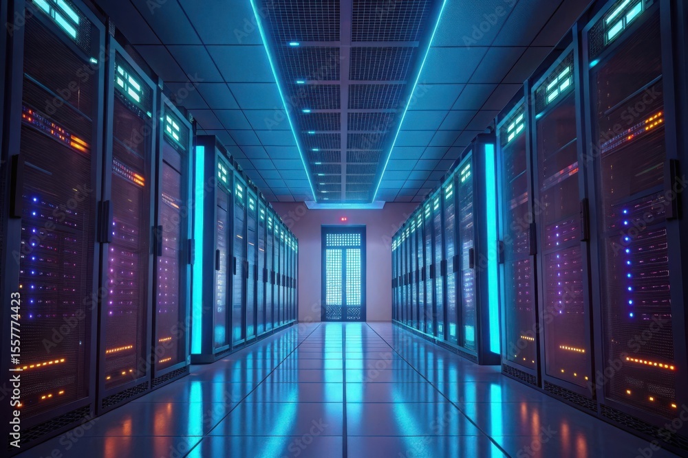 Poster modern data center aisle with rows of illuminated server racks and glowing blue neon lights reflecti