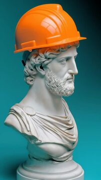 Male classical greek bust with beard wearing an orange hard hat. Sculptural art on blue showing ancient wisdom with modern safety footage.