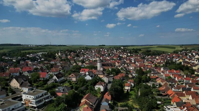 Aerial view of Grumbach Castle in Rimpar in summer with drone