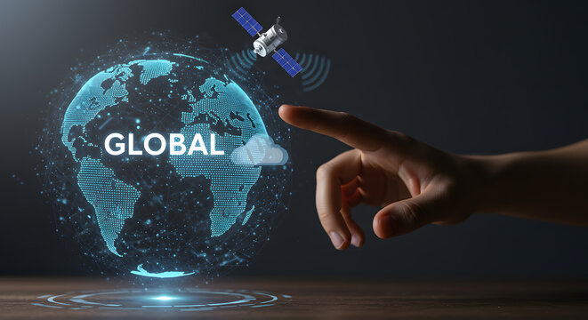 Global communication satellite technology cloud computing world network internet data access business connection information system future globalization transfer hand concept