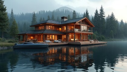 Fototapeta premium Large luxury house with boat on water. Wooden architecture with big windows, terrace. Tranquil lake, green forest background. Vacation home, holiday resort. Summer, travel, tourism, rural, building,
