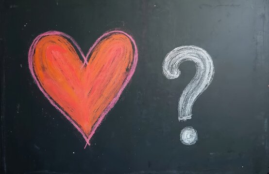 Red heart drawing next to question mark on blackboard. Chalk hand-drawn symbols of love, romance, uncertainty. Concept of relationships, questions about love, valentine day. Blackboard, chalk
