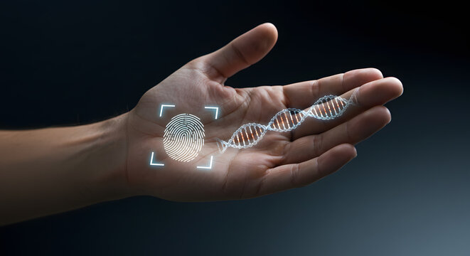 Fingerprint identification, DNA analysis, biometric security, personal identity verification, genetic data access, future technology, authentication system, human hand, digital recognition