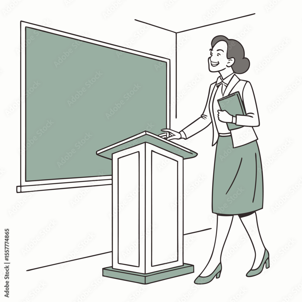 Poster female professor giving a lecture at a podium with a chalkboard in the background in a simple cartoo