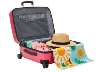 Open Pink Suitcase with Colorful Travel Essentials and Tropical Towel Against White Background, Radiating Adventure and Sunny Vacation Vibes