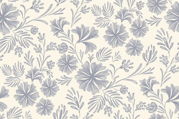Obraz na płótnie Canvas Vintage floral ethnic tapestry modern embroidery texture boho design vector illustration hand drawn silhouette indigo blue flower motif branches leaves wallpaper seamless background border.