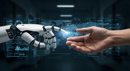Human robot interaction, artificial intelligence, future technology, digital transformation, business partnership, data analysis, global network, innovation connection, automation process