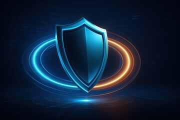 Futuristic digital shield with glowing blue and orange energy rings on a dark abstract background