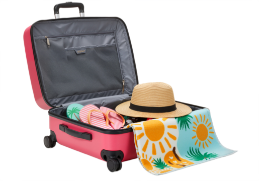 Open Pink Suitcase with Colorful Travel Essentials and Tropical Towel Against White Background, Radiating Adventure and Sunny Vacation Vibes
