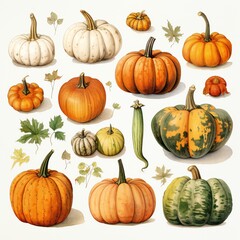 Pumpkins collection. Autumn vegetable, fall gourd, various type, shape, size, color. Seasonal fruit, Halloween and Thanksgiving decoration. Flat illustration isolated on white background