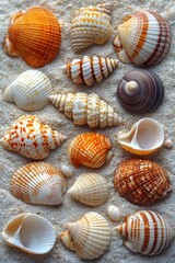 Colorful seashells arranged on light beige sand