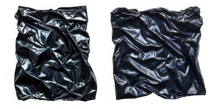 Two crumpled black plastic bags isolated on transparent background