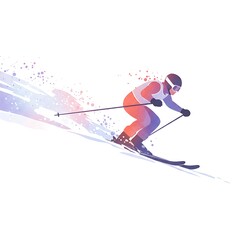 Skier descending slope with colorful splashes in winter landscape  