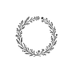 Vector illustration of a rustic floral circle frame, monochrome, with thin stems and small botanical elements, perfect for wedding invitations or organic branding silhouette-stroke-vector