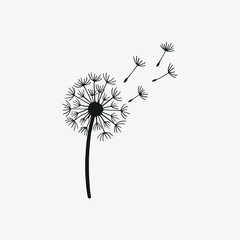 Vector silhouette of a dandelion in bloom, with seeds blowing away, black and white, minimalist style, isolated on white background, clean lines, representing wish or freedom.