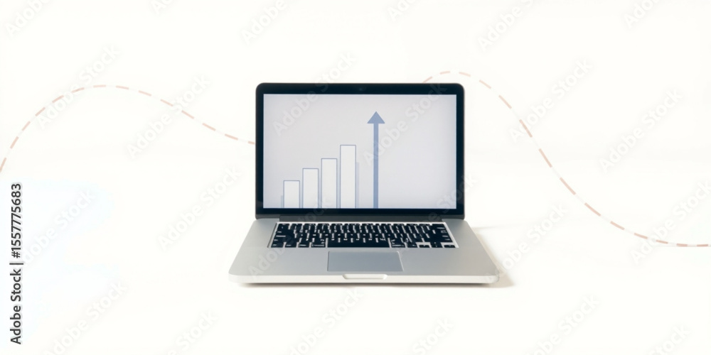 Poster laptop displaying a bar graph with an upward arrow on a white background indicating growth trend cre