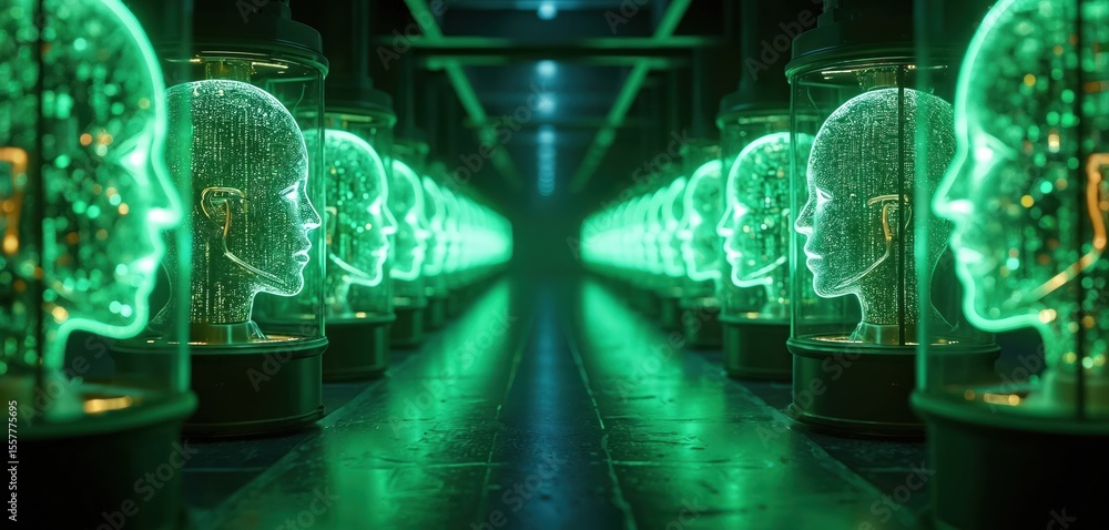 Poster futuristic prison with inmates trapped in simulated realities. glowing data streams encase digital m