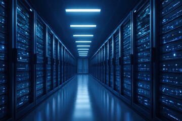 Fototapeta premium Modern data center aisle with rows of servers illuminated by cool blue lights and ceiling panels