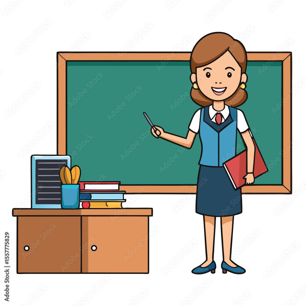 Poster cartoon teacher standing in front of a chalkboard with books and a desk holding a pointer and a red 